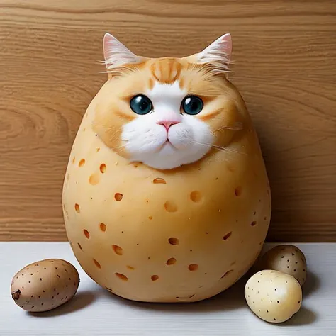 Cat potato, cat body made of potato, potato cat body, perfect composition, masterpiece, best quality, [:cinematic lighting:.35]