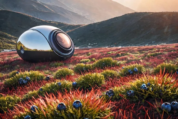 analog photo a (anomaly:1.5),(car drive on grass:1.2) on alien planet future,landscape (blueberry,red grass on foreground:1.5),futuristic white capsule house ,sunday sunrays,alien plants and flowers background,((best quality)), ((masterpiece)), ((ultra rea...