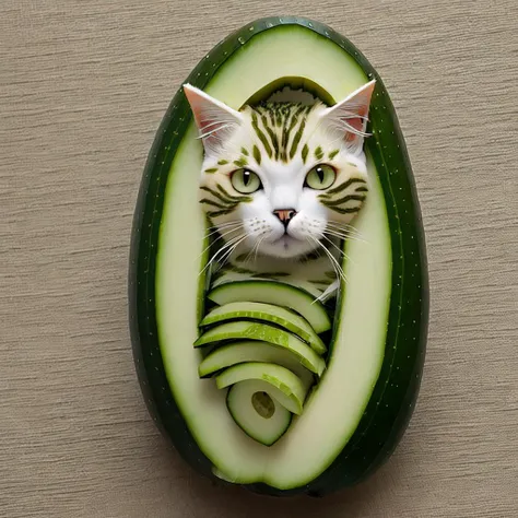 Cat made of cucumber, cucumber body of cat form, cucumber cat body, cat cucumber composition, perfect composition, masterpiece, elegant, expressive, artistic, intricate, detailed, best quality, [:cinematic lighting:.35]