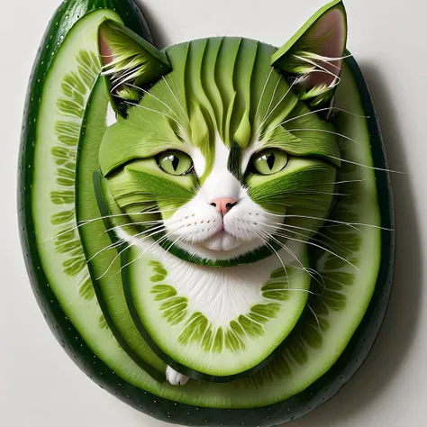 Cat made of cucumber, cucumber body of cat form, cucumber cat body, cat cucumber composition, perfect composition, masterpiece, elegant, expressive, artistic, intricate, detailed, best quality, [:cinematic lighting:.35]