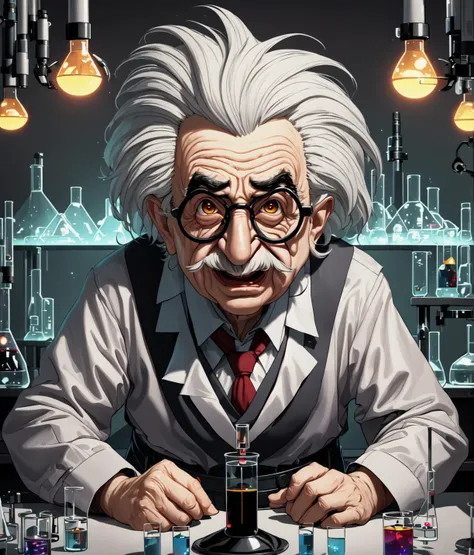 a high definition waist up realistic caricature [illustration:photograph:.15] of (villainous:1.3) [evil old Man with an angry looking face wearing glasses:Evil Albert Einstein with an angry looking face:.10] doing (mad science:1.2) experiments in a (gloomy...