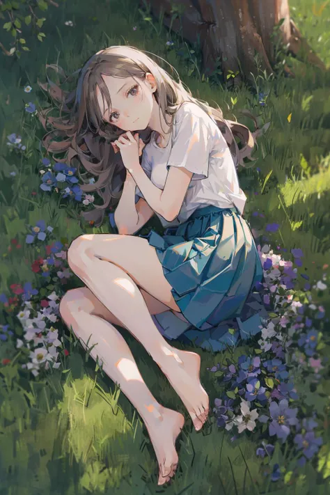 best quality,1girl,solo,barefoot,skirt,shirt,long hair,white shirt,brown hair,on side,blue skirt,outdoors,grass,lying,bare legs,short sleeves,dappled sunlight,closed mouth,day,full body,blue flower,<lora:Oil painting(oil brush stroke) - æ²¹ç»ç¬è§¦_v0612:...