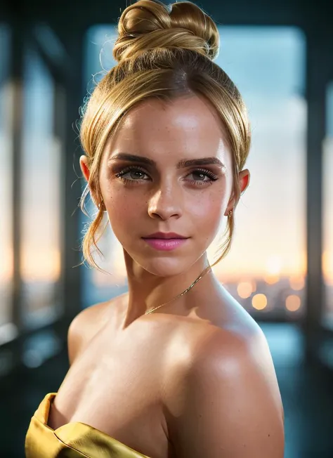 portrait of skswoman, excited , wearing turban and evening gown , with light blonde Top knot, background The City of Glas, epic (photo, studio lighting, hard light, sony a7, 50 mm, matte skin, pores, colors, hyperdetailed, hyperrealistic), <lyco:Emma Watso...