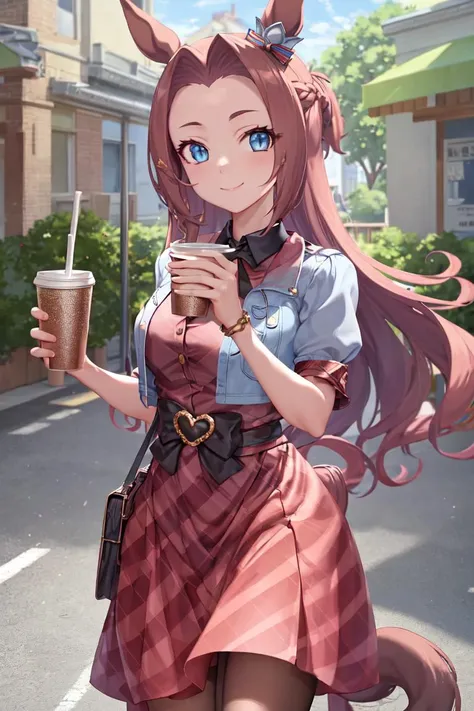 masterpiece, best quality,
kawakami princess (umamusume),
looking at viewer, 
closed mouth, smile,
building, street, holding cup,  disposable cup, 
casual, ear ornament, red dress, plaid dress, white jacket, open clothes, puffy short sleeves, cropped jacke...