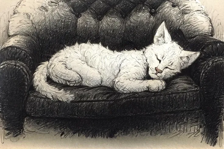 (scribble:1.2),(fluffy cat sleeping lying on a chair, fluffy, cozy:0.7),Victorian era,richness of detail, delicate pencil drawing,Ilford Delta 3200
 <lora:scribble4:1.1>