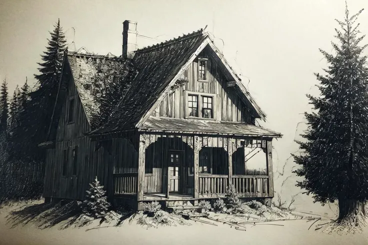 (scribble:1.2),(a ramshackle cabin on the edge of a winter forest,single-storey:0.7),Victorian era,richness of detail, delicate pencil drawing,Ilford Delta 3200
 <lora:scribble4:1.1>