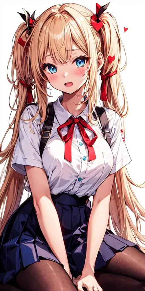 akai haato,<lora:akai haato:1.0>,akai haato, long hair, virtual youtuber, 1girl, blonde hair, heart, sitting, one side up, heart hair ornament, very long hair, looking at viewer, red ribbon, bangs, white background, large breasts, open mouth, signature, bl...