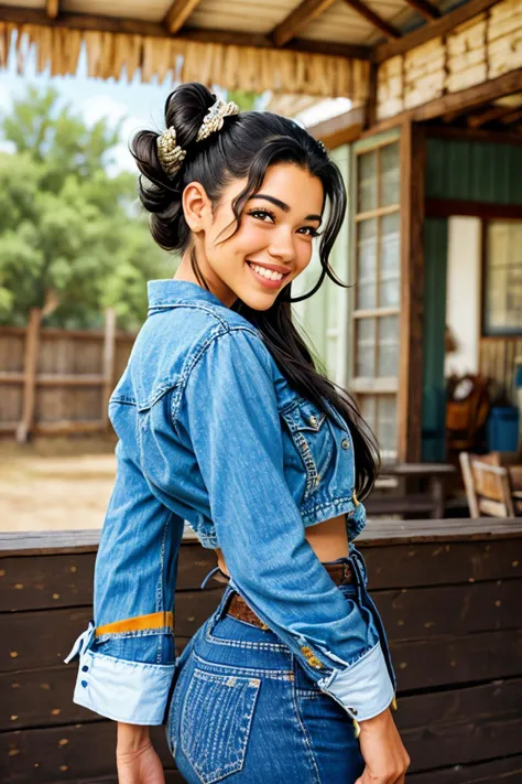 arafed woman in a denim shirt and jeans posing for a picture