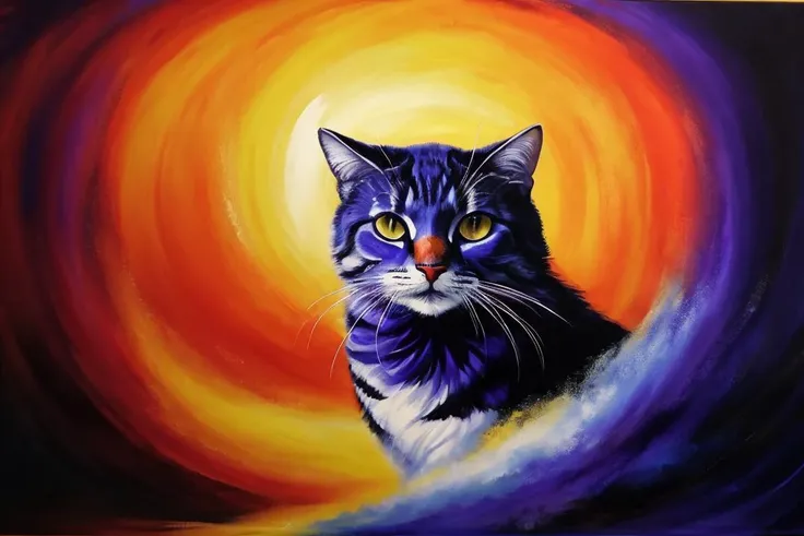 (( art  by Frank Bowling ))  painting named surrealistic dream of mystery cat  in rpg world, animal, fluffy fur,  (limited colors, red, black, gold) BREAK, perfect quality, best quality, ultrasharp, ultradetailed, perfect quality, masterpiece, intricated d...