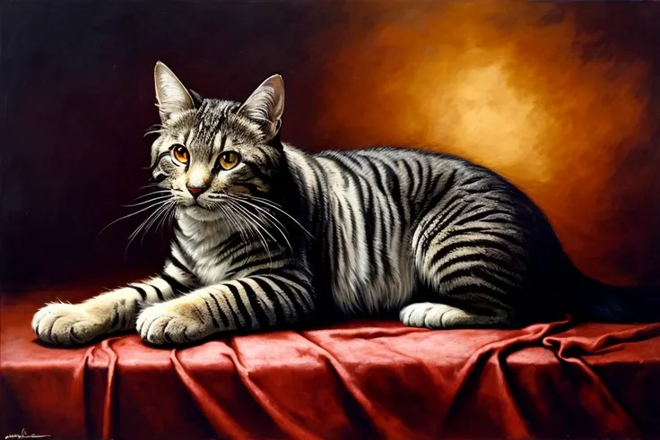 (( art  by Gerald Brom ))  painting named surrealistic dream of mystery cat  in rpg world, animal, fluffy fur,  (limited colors, red, black, gold) BREAK, perfect quality, best quality, ultrasharp, ultradetailed, perfect quality, masterpiece, intricated det...