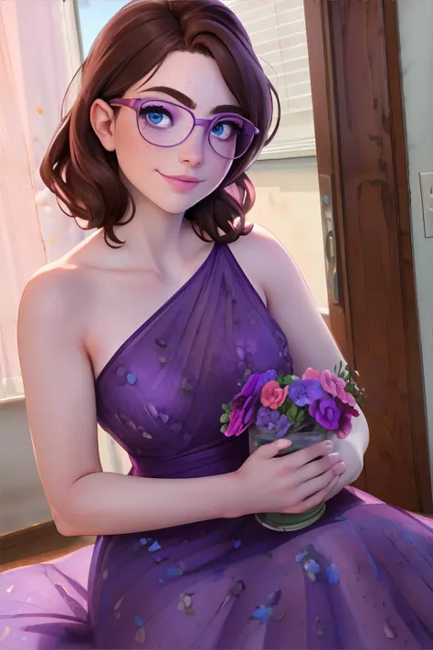 a woman in a purple dress holding a vase of flowers