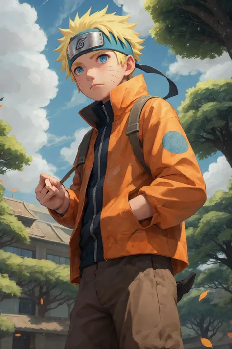 naruto, 1boy, male focus, solo, blue eyes, tree, leaf, sky, facial mark, cloud, day, outdoors, orange jacket, jacket, male child, long sleeves, closed mouth