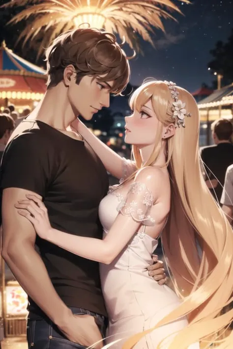 realistic, masterpiece, highres, (glow particles:1.3), moonlight, lens flare,( cinematic light),illustration,Amusement Park, (crowd:1.4),Fireworks,[:(detailed face:1.2):0.2] , detailed, detailed clothing, (detailed background:1.3),1 female, 1 male,dynamic ...
