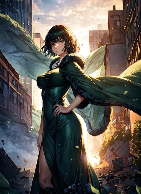 1girl,fubuki(one punch man),black hair,short hair,green eyes,taut clothes,big breasts,green dress,fur coat,white coat,necklace,standing,serious expression,arrogant look,arrogant expression,city ruins,(from below),wind around,strong winds,tornado,masterpiec...