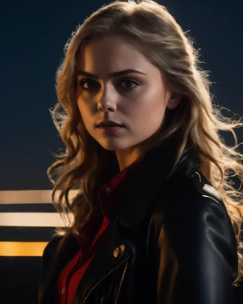 rosemciver,<lora:RoseMcIverXL:1>,adult woman,close up, ((portrait, red shirt , black jacket, black pants)), city at night, ((dark night, midnight, full moon, starry sky)), (masterpiece, best quality, ultra-detailed, best shadow), high contrast, (best illum...