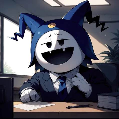 score_9, score_8_up, score_7_up, source_anime, sitting across the table, muscular, black, business suit, glasses, tie, jackfrostsmt, black eyes, half open eyes, white skin, indoors, office, blue hat, fangs, round face, <lora:JackFrostSMT:1>