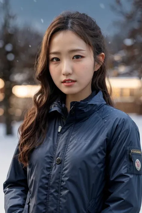 masterpiece, best quality, ultra-detailed, ultra high res, (photorealistic:1.4), raw photo, (realistic:0.2), CG, 8k HDR, perfect lighting, 1girl, solo, looking at viewer, (winter clothes, padded jacket), outdoor, (snow, snowflakes), night, aurora sky, uppe...