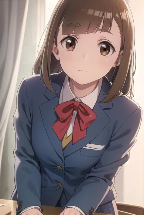 maritamaki, <lora:mari tamaki s1-lora-nochekaiser:1>,
mari tamaki, looking at viewer, bangs, brown hair, (brown eyes:1.5),
BREAK skirt, bow, school uniform, jacket, blazer,
BREAK indoors, classroom,
BREAK looking at viewer,
BREAK <lyco:GoodHands-beta2:1>, ...