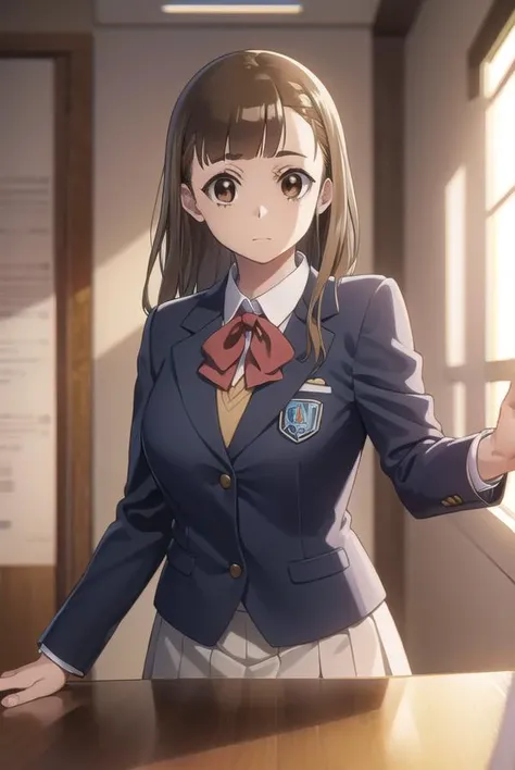 maritamaki, <lora:mari tamaki s1-lora-nochekaiser:1>,
mari tamaki, looking at viewer, bangs, brown hair, (brown eyes:1.5),
BREAK skirt, bow, school uniform, jacket, blazer,
BREAK indoors, classroom,
BREAK looking at viewer,
BREAK <lyco:GoodHands-beta2:1>, ...