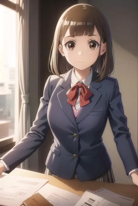 maritamaki, <lora:mari tamaki s1-lora-nochekaiser:1>,
mari tamaki, looking at viewer, bangs, brown hair, (brown eyes:1.5),
BREAK skirt, bow, school uniform, jacket, blazer,
BREAK indoors, classroom,
BREAK looking at viewer,
BREAK <lyco:GoodHands-beta2:1>, ...