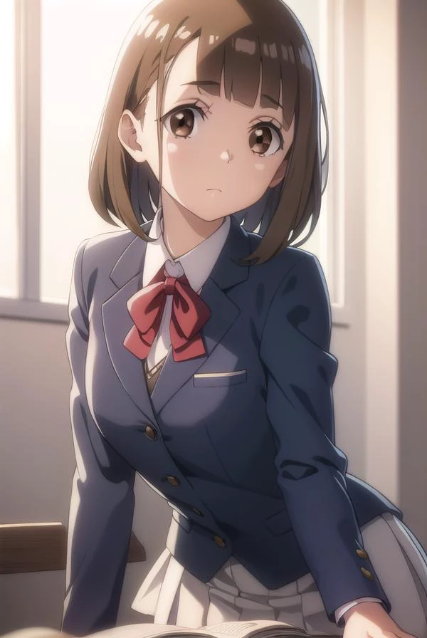 maritamaki, <lora:mari tamaki s1-lora-nochekaiser:1>,
mari tamaki, looking at viewer, bangs, brown hair, (brown eyes:1.5),
BREAK skirt, bow, school uniform, jacket, blazer,
BREAK indoors, classroom,
BREAK looking at viewer,
BREAK <lyco:GoodHands-beta2:1>, ...