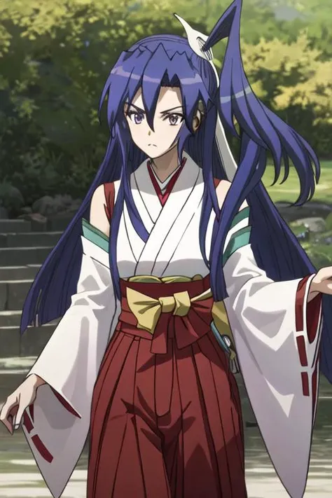 best quality, masterpiece, highres, solo, {white kimono:1.35}, {red hakama:1.35}, {wide sleeves:1.20}, {kazanari_tsubasa_senkizesshousymphogear:1.15}, blue_hair, long_hair, one_side_up, purple_eyes, hair_between_eyes