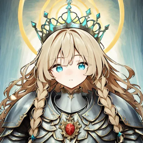 Aquiline nose, heavy armor, 
bulk, wavy braids, light passing through hair, crown, glowing halo, surrounded by of shine, cstle, perfect composition, 8k, intricate details, highly detailed, (best quality:1.2), (masterpiece:1.2)