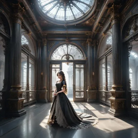 a woman in a black dress standing in a large room