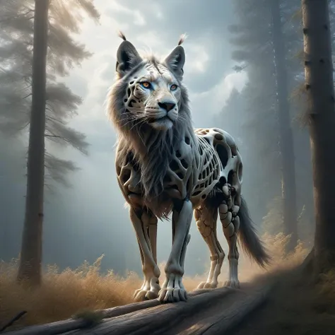 painting of a white wolf with blue eyes standing in a forest