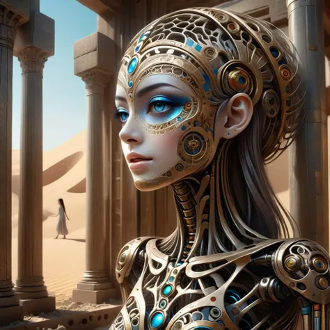 a woman with a futuristic headpiece and blue eyes stands in front of a desert