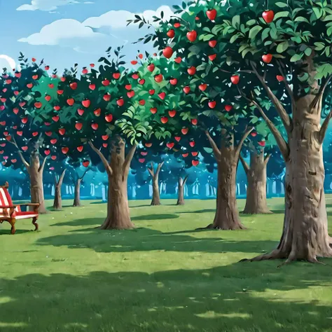 there is a painting of a park bench in the middle of a field