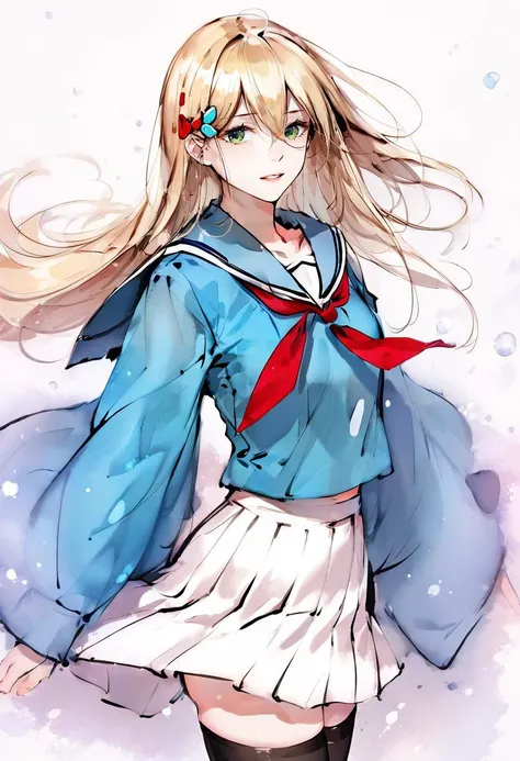 anime girl with long hair and blue dress with red bow