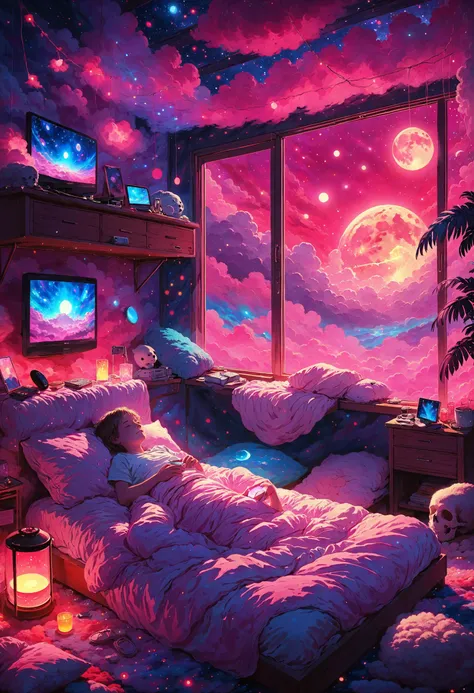 a woman laying in bed with a pink sky and stars in the background