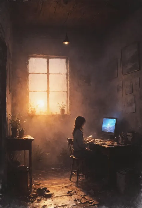 painting of a woman sitting at a desk in a dark room