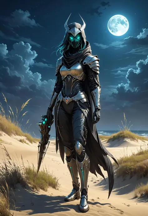 a woman in armor walking on a beach with a full moon in the background