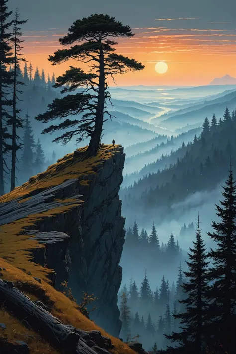 a painting of a lone tree on a cliff overlooking a valley