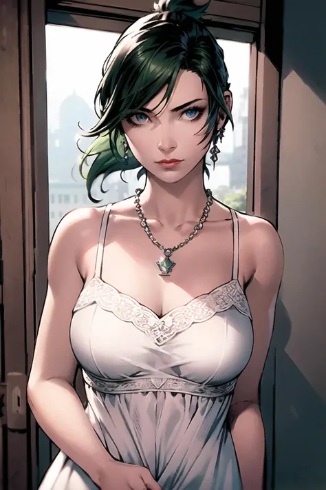 wlop, 1girl, backlighting, bare shoulders, blue eyes, blurry, closed mouth, collarbone, depth of field, dress, expressionless, final fantasy, final fantasy xv, green hair, highres, jewelry, knight, looking at viewer, (lunafreya nox fleuret), necklace, pend...