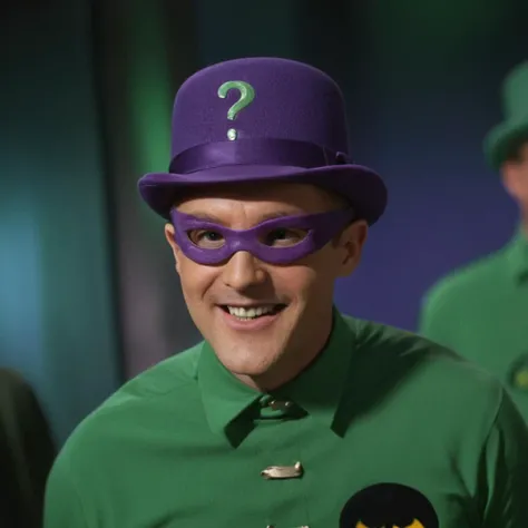 cinematic film still of  <lora:Batman1966 Style:1>
The riddler,In year 1966,a bald hair man in a green shirt with a purple mask and purple hat,Bama1966 Style,solo,looking at viewer,smile,shirt,1boy,male focus,teeth,grin,blurry,blurry background,realistic,g...