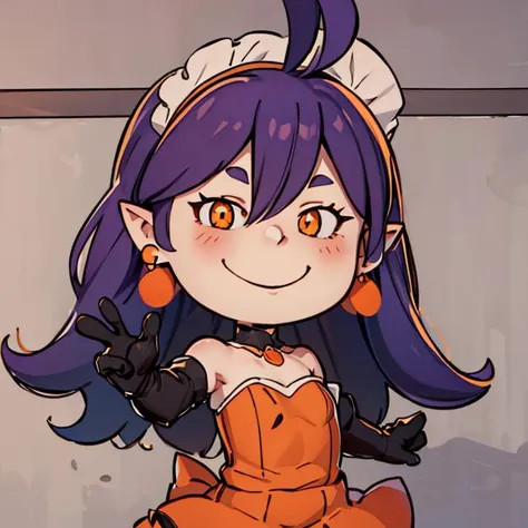 anime girl with purple hair and orange dress posing for a picture