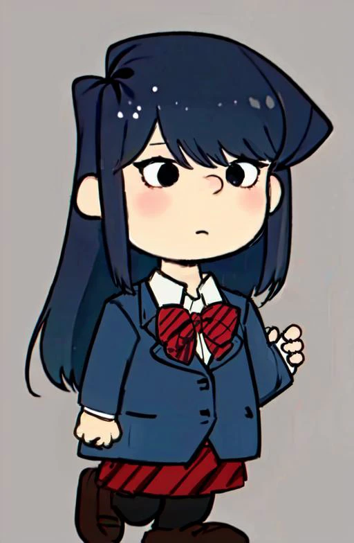 chibi, style parody, full body, simple background, komi shouko, long hair, school uniform, bow, skirt, leggins, simple background, <lora:komiCantCommunicate:0.8> ,  <lora:Charles_Schulz_Style_Dim32:0.9>