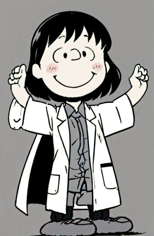 chibi, style parody, full body, Yui, short dark hair, lab coat, simple background, looking at viewer, smile, <lora:Charles_Schulz_Style_Dim32:0.9>, black and white, monochrome,  <lora:evangelion_anime_style_offset:0.7>