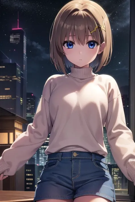 hayateyagami, <lora:hayate yagami v2-lora-nochekaiser:1>,
hayate yagami, yagami hayate, short hair, blue eyes, brown hair, hair ornament, x hair ornament,
BREAK sweater, pink sweater, turtleneck, long sleeves,
BREAK outdoors, night, sky, starry sky, star (...