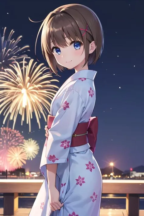 masterpiece,best quality,ultra detail,1girl, 14yo,petite,smile happy,night,fireworks,cotton candy,,yagami hayate, short hair, blue eyes, brown hair, hair ornament, x hair ornament,long floral yukata, <lora:hayate yagami v2-lora-nochekaiser:0.7>,