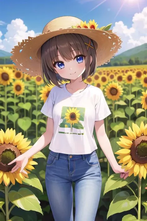 masterpiece,best quality,ultra detail,1girl, 14yo,petite,smile happy,sunflower garden,straw hat,sunshine,cloud,yagami hayate, short hair, blue eyes, brown hair, hair ornament, x hair ornament,t-shirt,jeans, <lora:hayate yagami v2-lora-nochekaiser:0.7>,