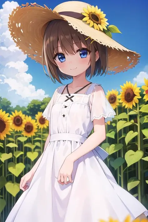 masterpiece,best quality,ultra detail,1girl, 14yo,petite,smile happy,sunflower garden,straw hat,sunshine,cloud,yagami hayate, short hair, blue eyes, brown hair, hair ornament, x hair ornament,summer dress, <lora:hayate yagami v2-lora-nochekaiser:0.7>,