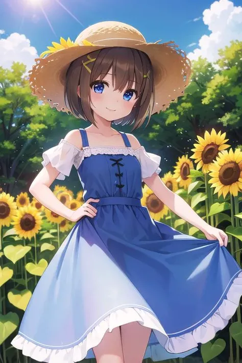 masterpiece,best quality,ultra detail,1girl, 14yo,petite,smile happy,sunflower garden,straw hat,sunshine,cloud,yagami hayate, short hair, blue eyes, brown hair, hair ornament, x hair ornament,summer dress, <lora:hayate yagami v2-lora-nochekaiser:0.7>,