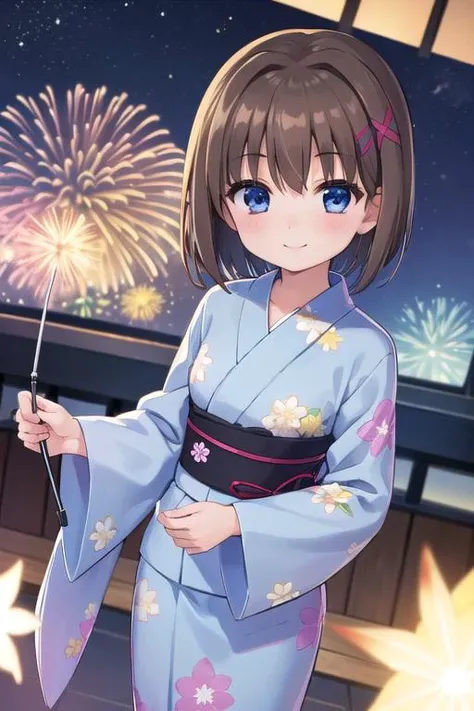 masterpiece,best quality,ultra detail,1girl, 14yo,petite,blush,smile happy,night,fireworks,colorful fan,yagami hayate, short hair, blue eyes, brown hair, hair ornament, x hair ornament,long floral yukata, <lora:hayate yagami v2-lora-nochekaiser:0.7>,from a...