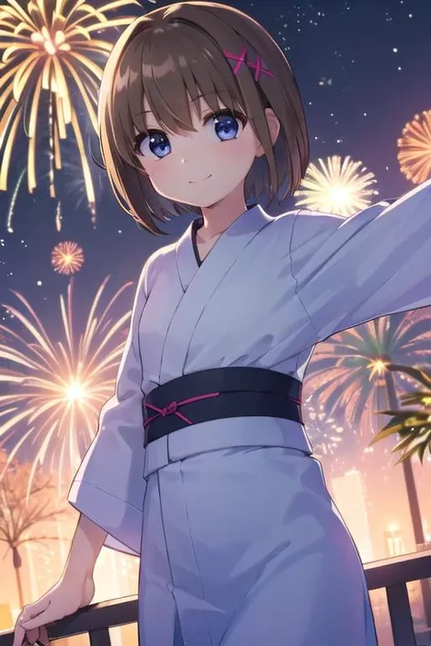 masterpiece,best quality,ultra detail,1girl, 14yo,petite,smile happy,night,fireworks,cotton candy,,yagami hayate, short hair, blue eyes, brown hair, hair ornament, x hair ornament,yukata, <lora:hayate yagami v2-lora-nochekaiser:0.7>,