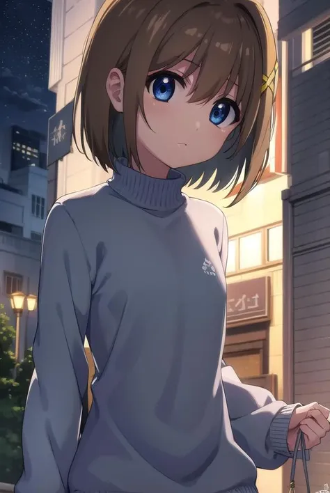 hayateyagami, <lora:hayate yagami movie2-lora-nochekaiser:1>,
hayate yagami, yagami hayate, short hair, blue eyes, brown hair, hair ornament, x hair ornament, 
BREAK sweater, pink sweater, turtleneck, long sleeves,
BREAK outdoors, city, night, starry sky,
...