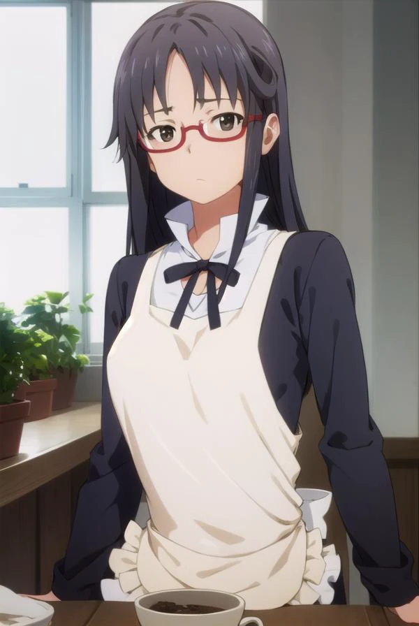 mayamatsumoto, <lora:maya matsumoto s2-lora-nochekaiser:1>,
maya matsumoto, long hair, black hair, (brown eyes:1.3), glasses, apron, semi-rimless eyewear, red-framed eyewear, under-rim eyewear,
BREAK apron, waitress,
BREAK indoors, restaurant,
BREAK lookin...